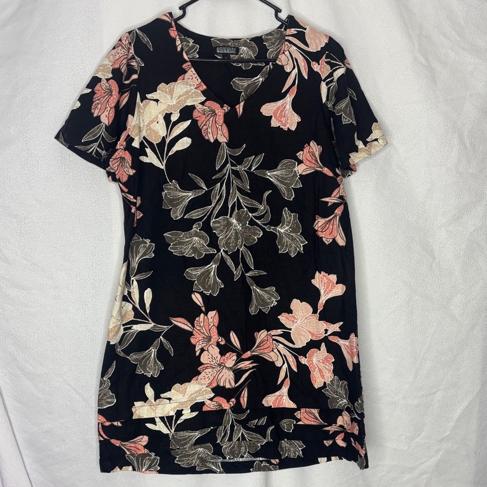 Nicole Miller Original Floral Linen Blend V-Neck Dress Size L